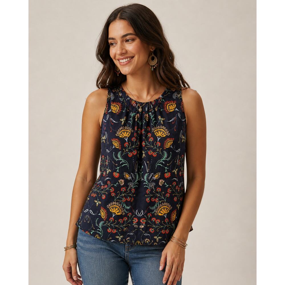 CAbi 3621 Legend Blouse Small Black Floral Folklore Sleeveless Top